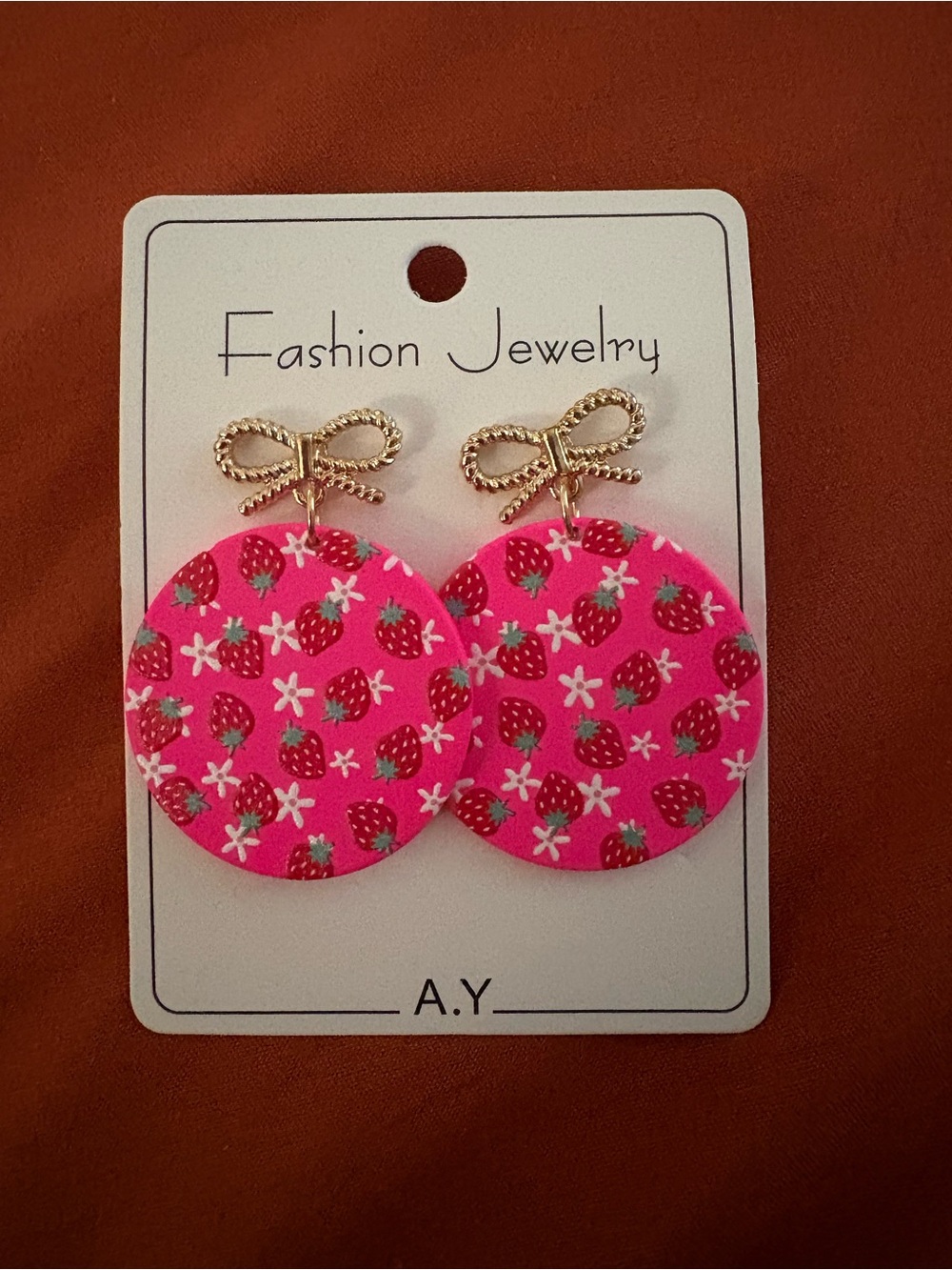 A.Y Pink Strawberry Print Round Dangle Earrings with Gold Bow